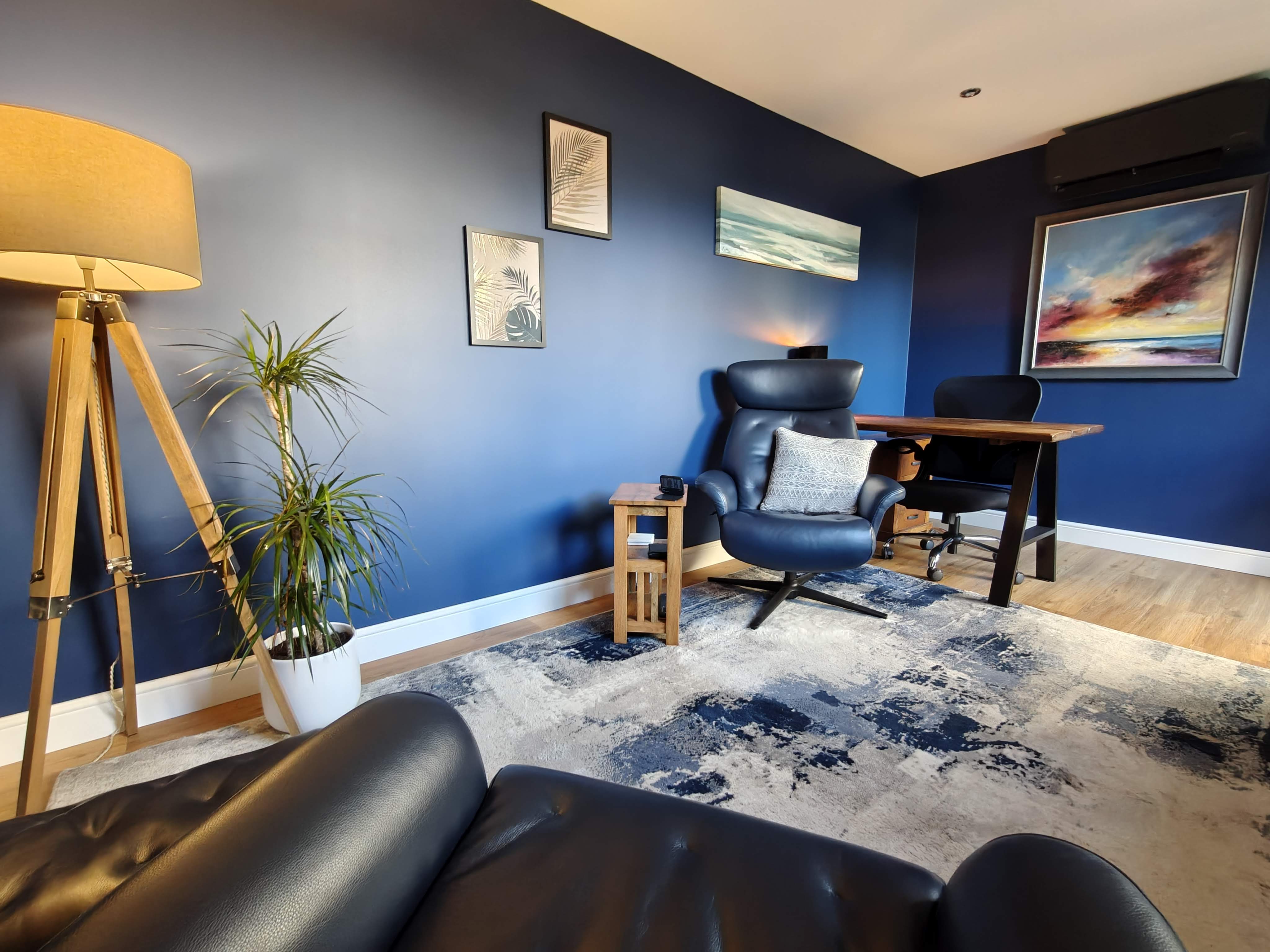The therapy room showing the seating area and desk